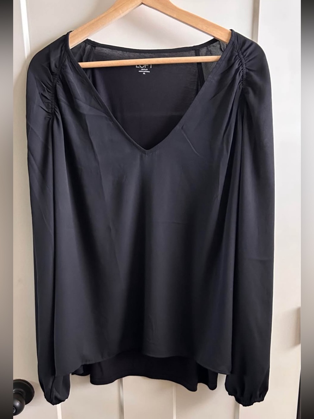 LOFT Black V-Neck Long-Sleeve Blouse with Shoulder Ruching